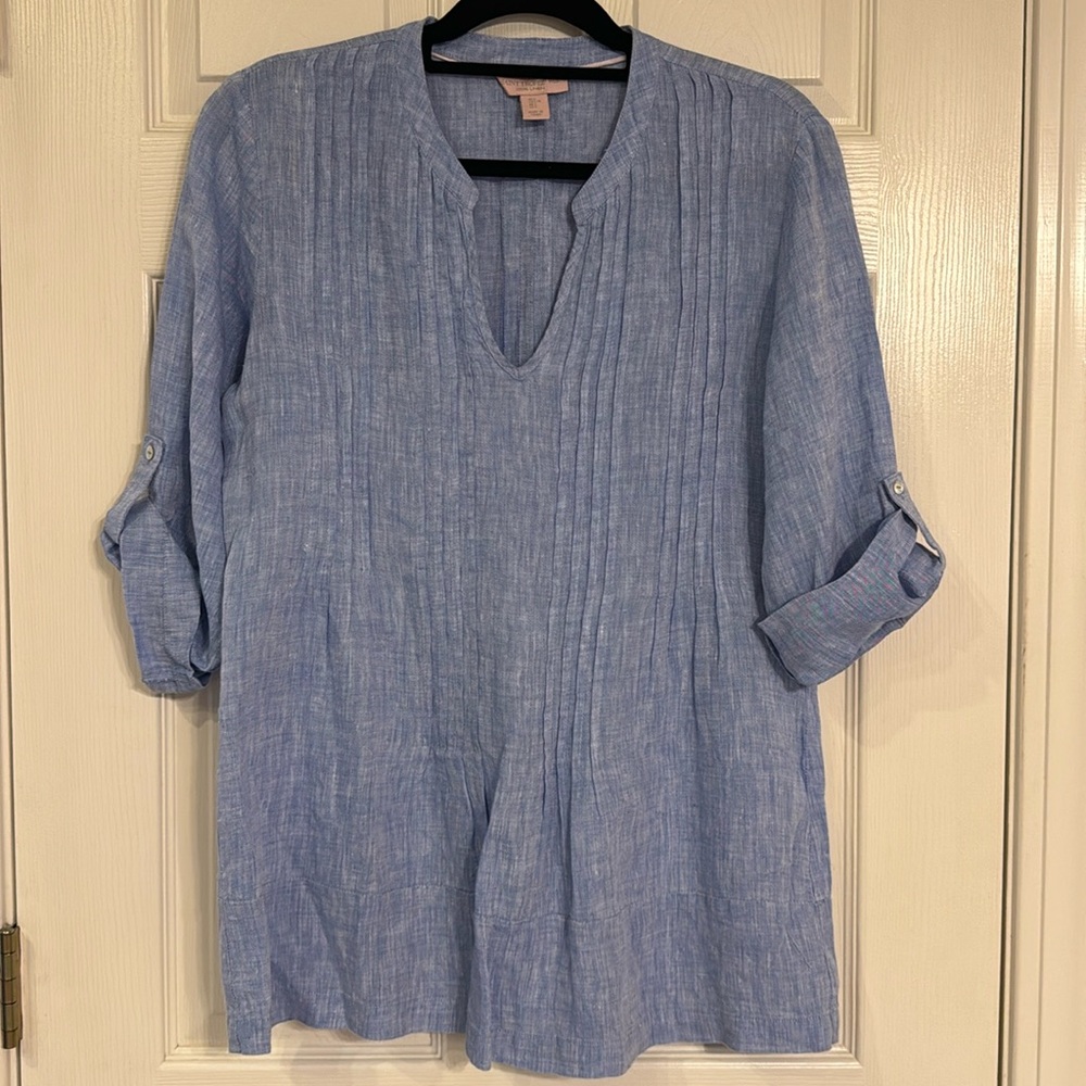 Saint Tropez West 100% Linen Pleated Tunic Size L “Denim Blue” Roll Up Seleeve